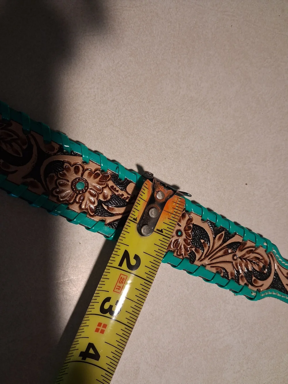 Myra Turquoise and Brown Tooled Leather Dog Collar MEDIUM with Silver Hardware